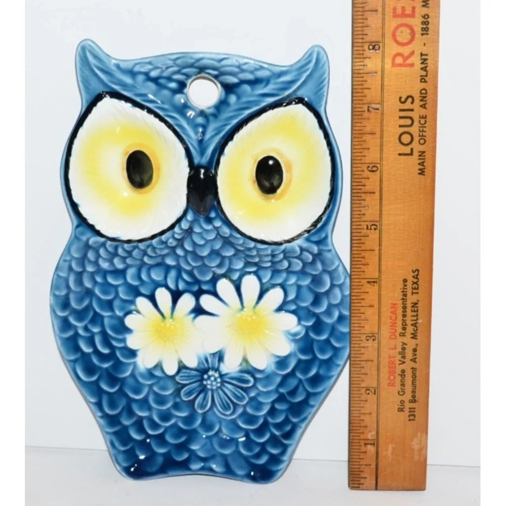 Vtg MCM Ceramic Owl with Retro Flower Spoon Rest Wall Hanging Blue yellow